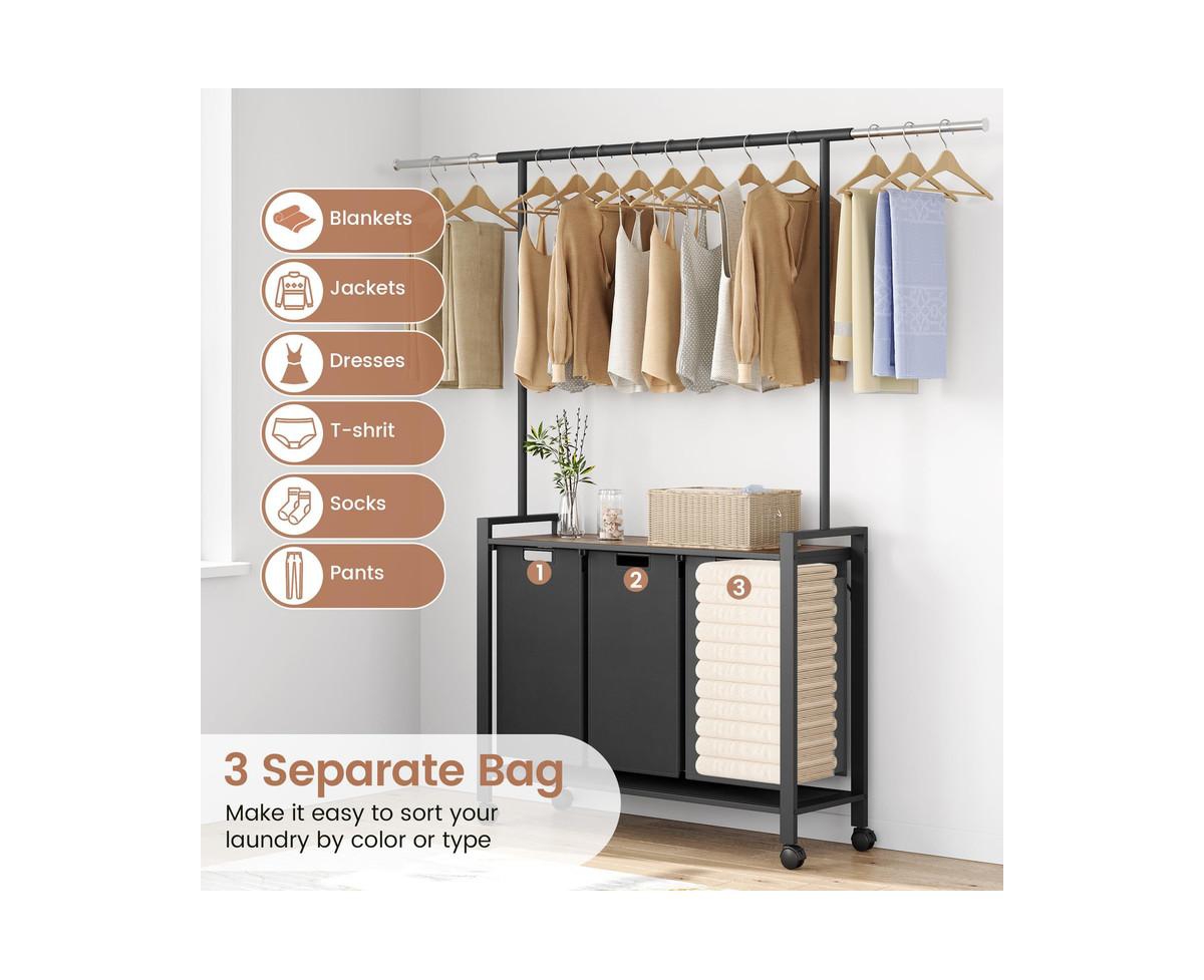 gaomon Laundry Sorter 3 Section Laundry Hamper Sorter with Clothes Hanging Rod and Wooden Storage Shelf 3 X 13gal Laundry Basket Organizer for Laundry