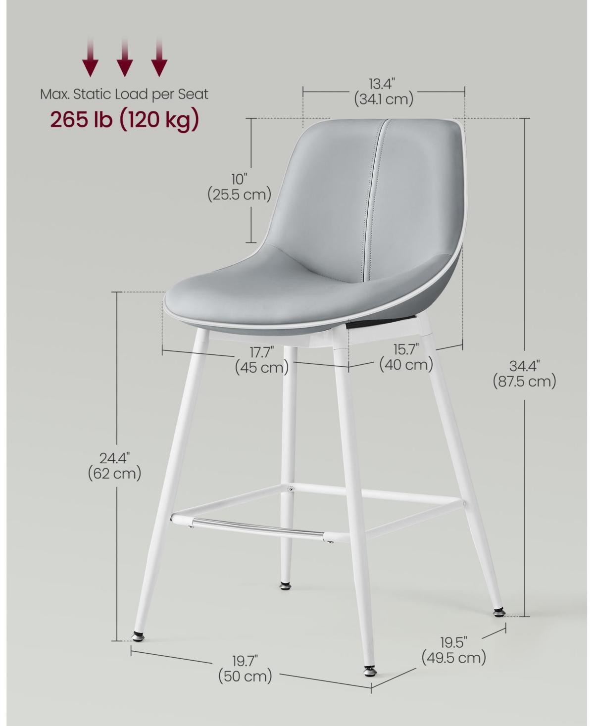 Slickblue Bar Stools Counter Height Stools with Back, Ergonomic Backrest, Synthetic Leather and Metal Legs (Set of 2)