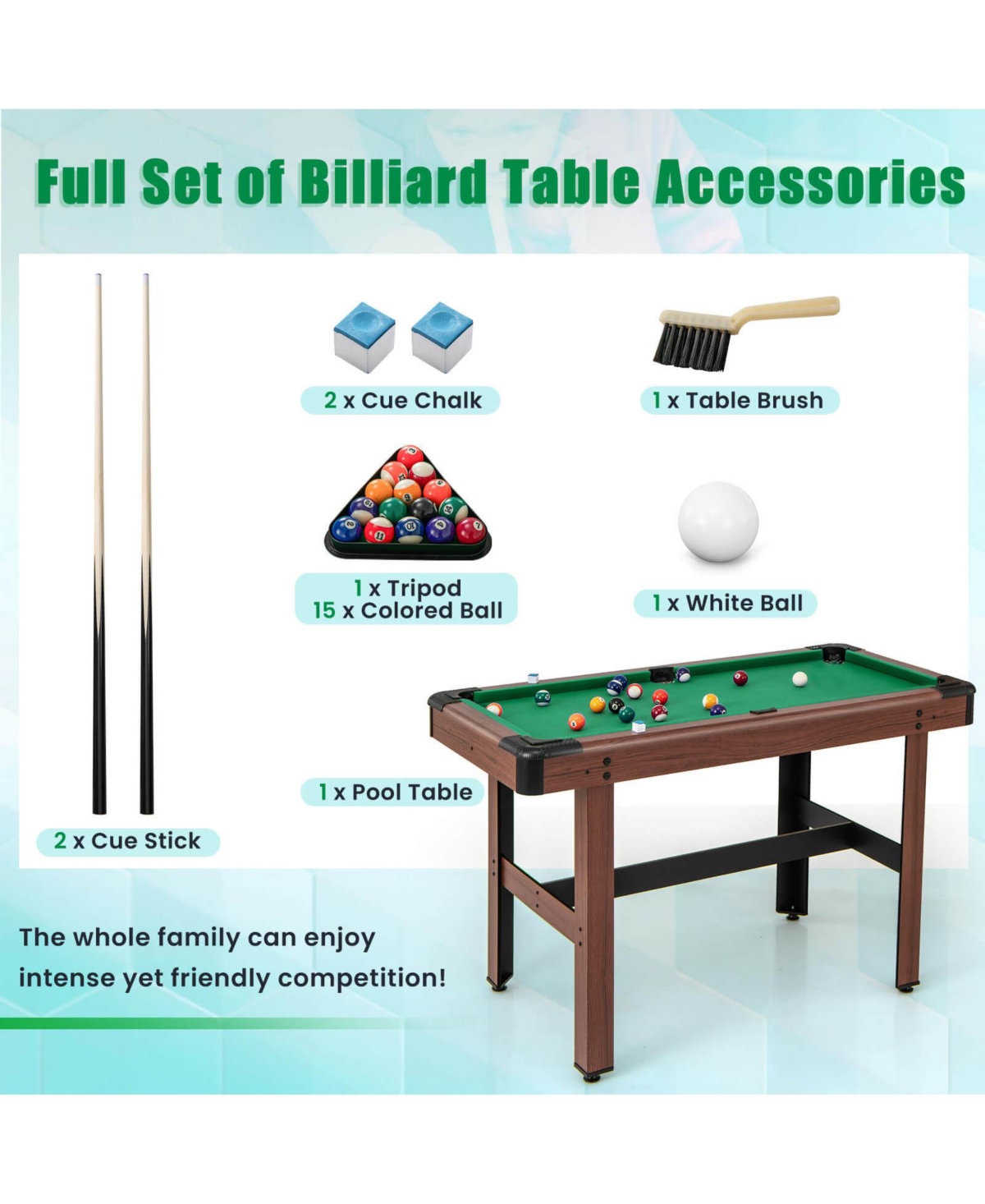 Costway Pool Table for Kids & Adults with Full Set of Balls 2 Cue Sticks 2 Chalks