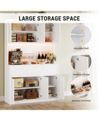 71" Kitchen Pantry Cabinet with LED Lights, Power Outlets, Adjustable Shelves & Microwave Stand – Freestanding Storage Hutch.
