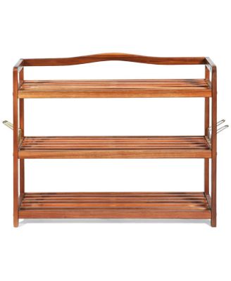 3-Tier Acacia Wood Shoe Rack with Side Metal Hooks