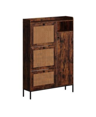 Shoe Cabinet, Free Standing Shoe Storage Cabinet with 3 Flip Drawers and Adjustable Side Cabinet, Rattan Wooden Shoe Rack, Shoe Organizer Cabinet for Hallway, Living Room, Entryway