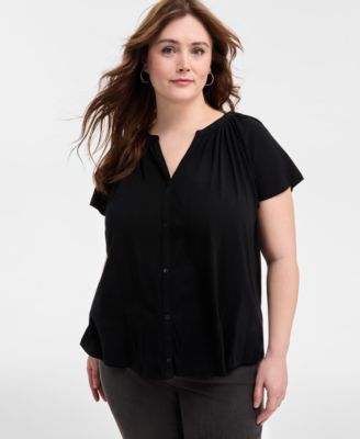 Style & Co - Plus Size Flutter-Sleeve Button-Front Top