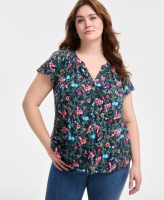 Style & Co - Plus Size Printed Flutter-Sleeve Button-Front Top