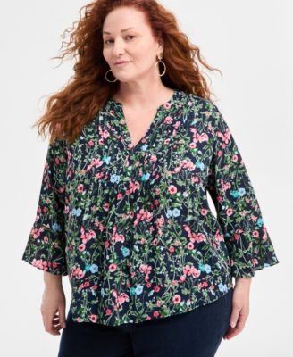 Style & Co - Plus Size Floral Bell-Sleeve Pintucked Top