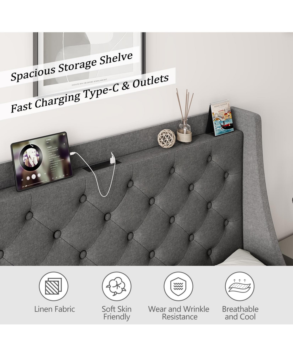 gaomon Bed Frame with 4 Storage Drawers, Platform Bed with Type-c & Usb Port and Charging Station