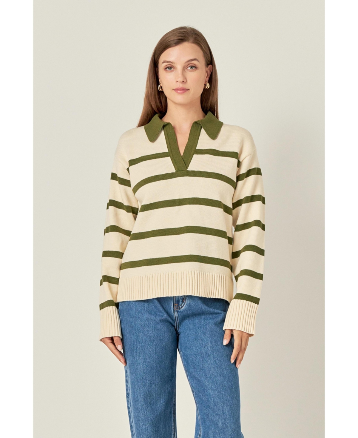 English Factory Women's Striped Collared Sweater -olive