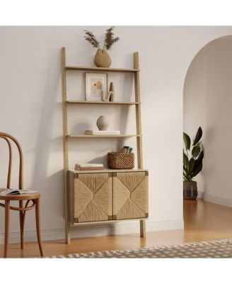 71" Tall Bookshelf 4 Ladder Shelves Etagere Bookcase with 2-Door Cabinet Storage Organizer