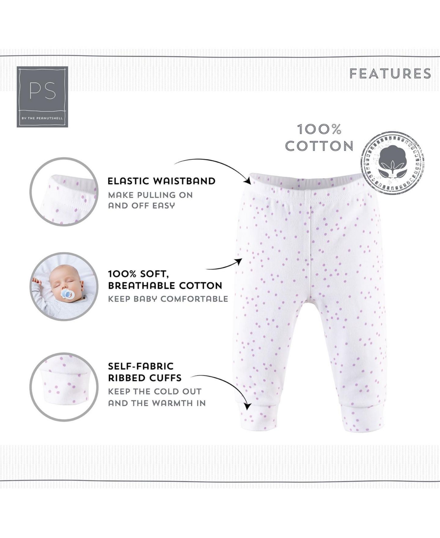 Комплекты The Peanutshell Baby Girls Pants Set, 5 Pack, Pastel, цвет: Белый / Лавандовый — фото 8