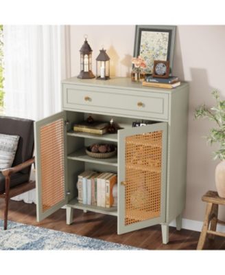 Shoe Cabinet with Doors and Drawer, Modern Shoe Storage Cabinet for Entryway, Rattan Wooden Shoe Organizer with Adjustable Shelf, Green