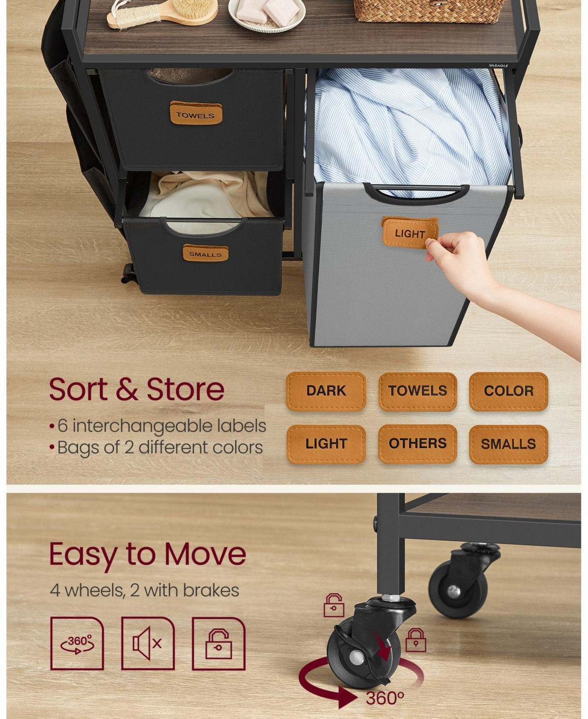 Slickblue 4-Compartment Laundry Hamper, Rolling Laundry Sorter Cart with Shelves, Side Pockets & 6 Labels