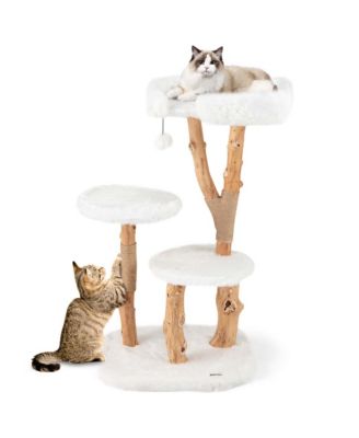 Solid Wood Cat Tree with Perch Natural Jute Scratching Posts Dangling Ball