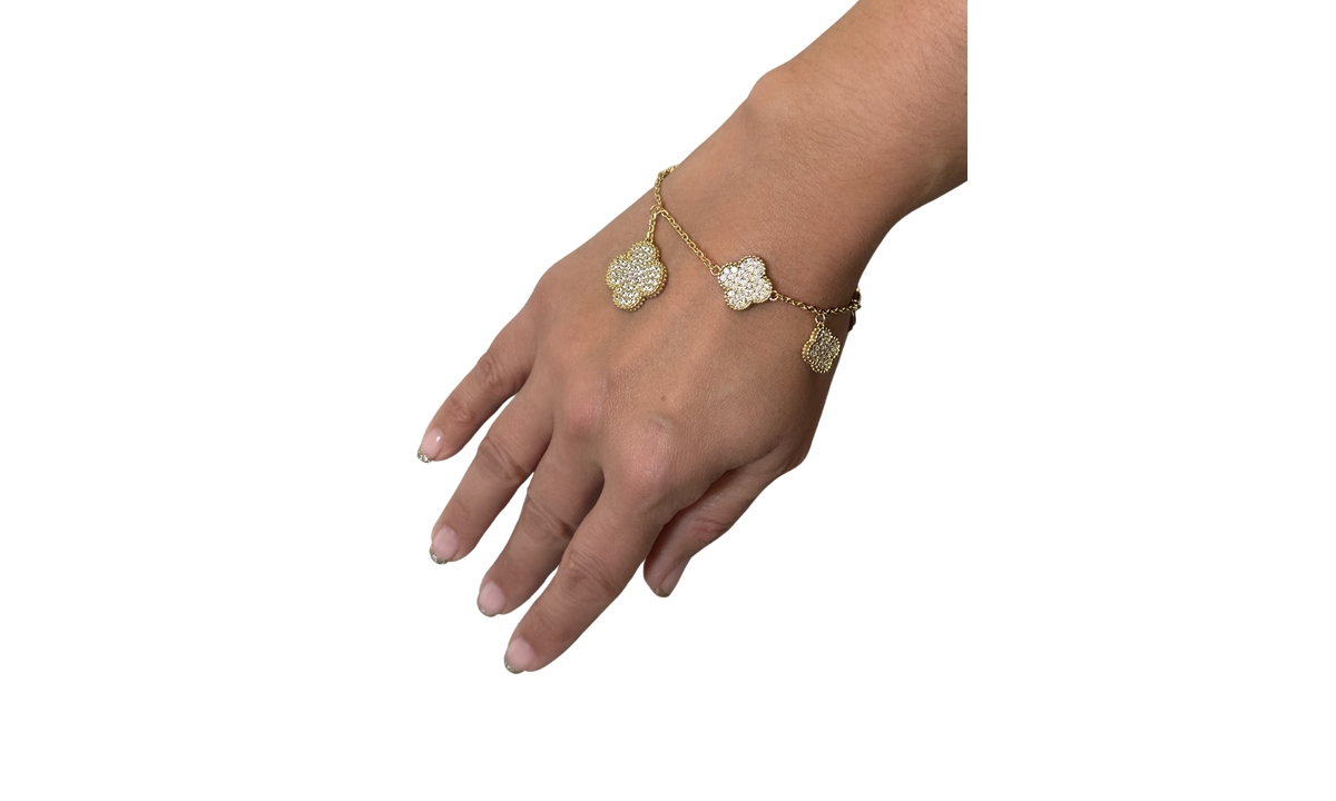 Rivka Friedman Pave Cubic Zirconia Dangling Clover Charm Bracelet - Gold with clear cz