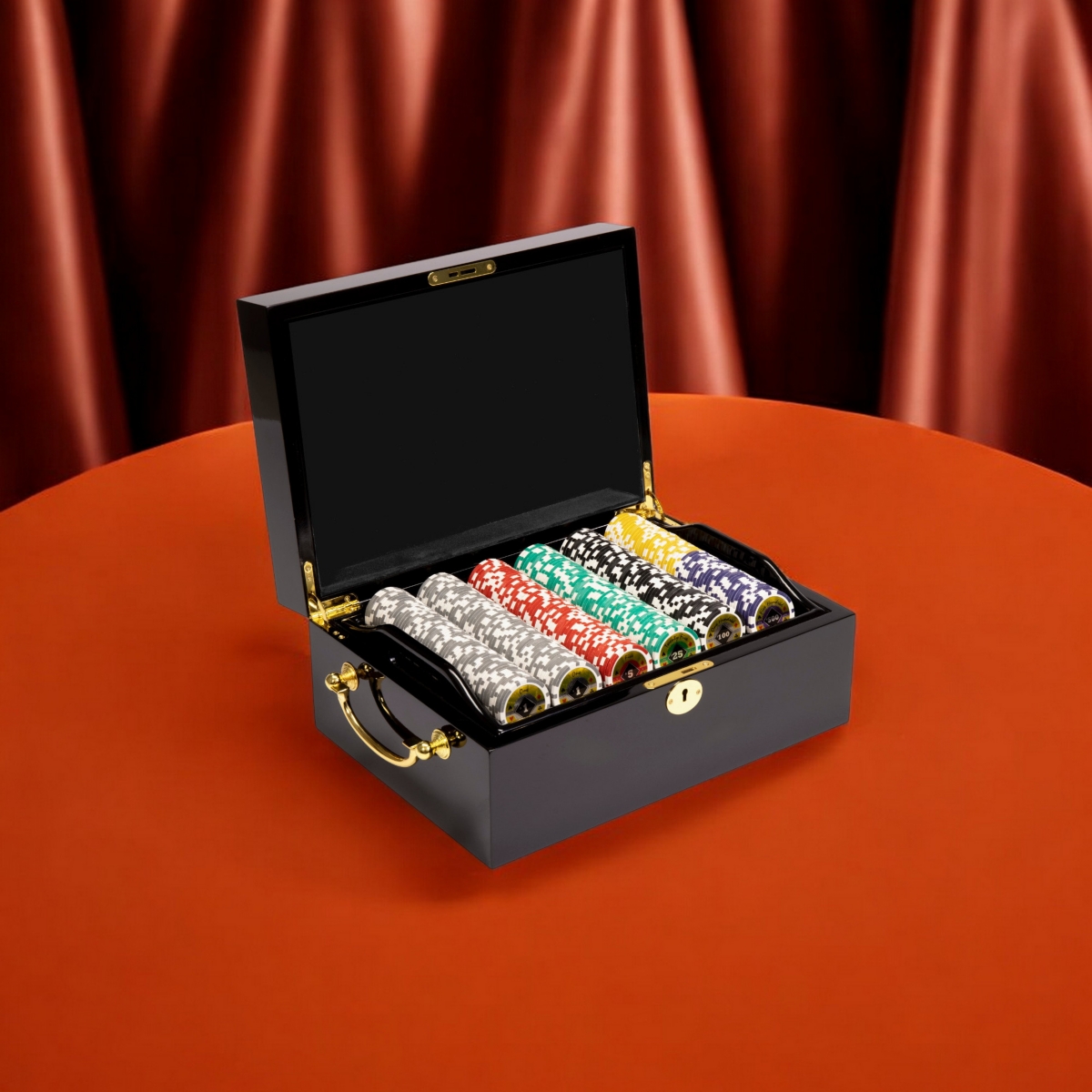 Slickblue Black Diamond Poker Chip Set Mahogany Wood Case Premium Clay Composite for Casino Play