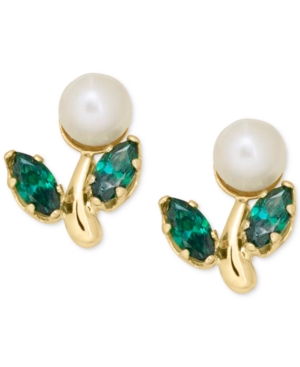 image of Children-s Cultured Freshwater Pearl and Green Crystal Stud Earrings in 14k Gold