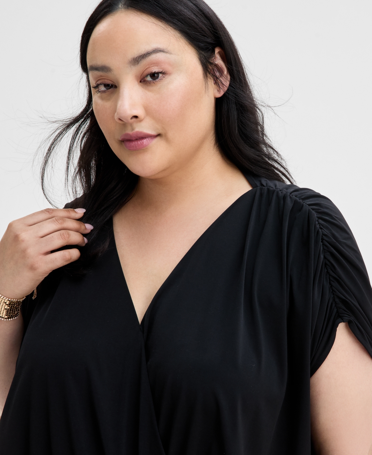 Inc International Concepts Inc Plus Size Printed Ruched Surplice-neck Top, Exclusively At Macy's In Petra Texture Cream