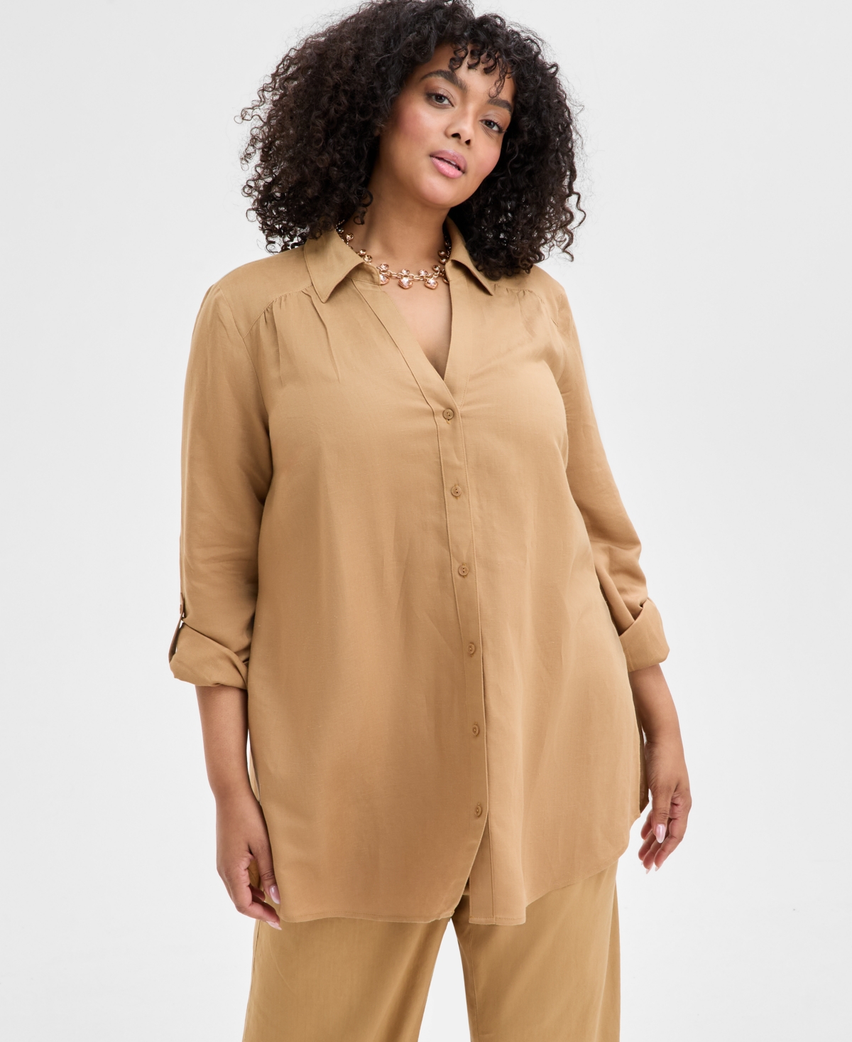Inc International Concepts Plus Size Linen-blend Tunic, Exclusively At Macy's In Warm Toffee