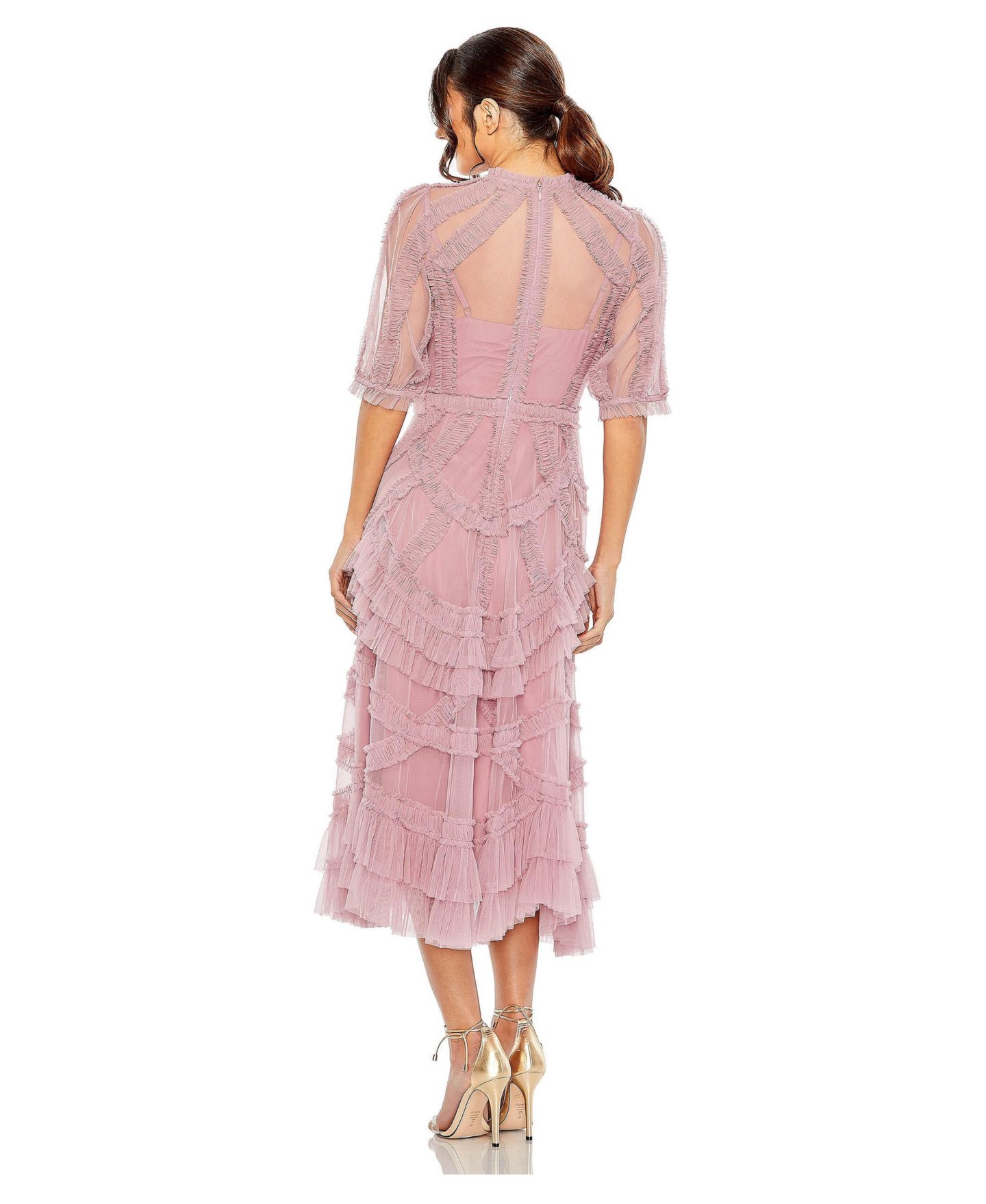 Женское платье Mac Duggal High Neck Puff Sleeve Ruffle Tiered, цвет: Состаренный розовый — фото 2