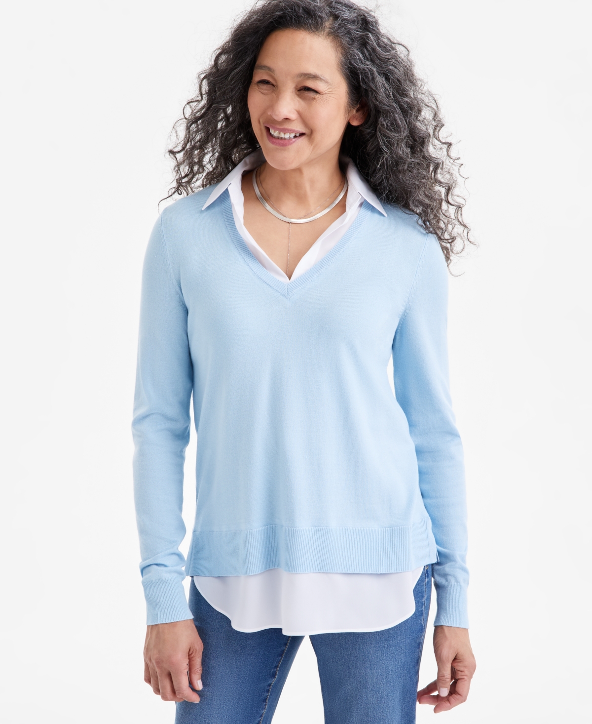 Petite Two for One V-Neck Pullover Sweater, Created for Macy's - Dream Blue