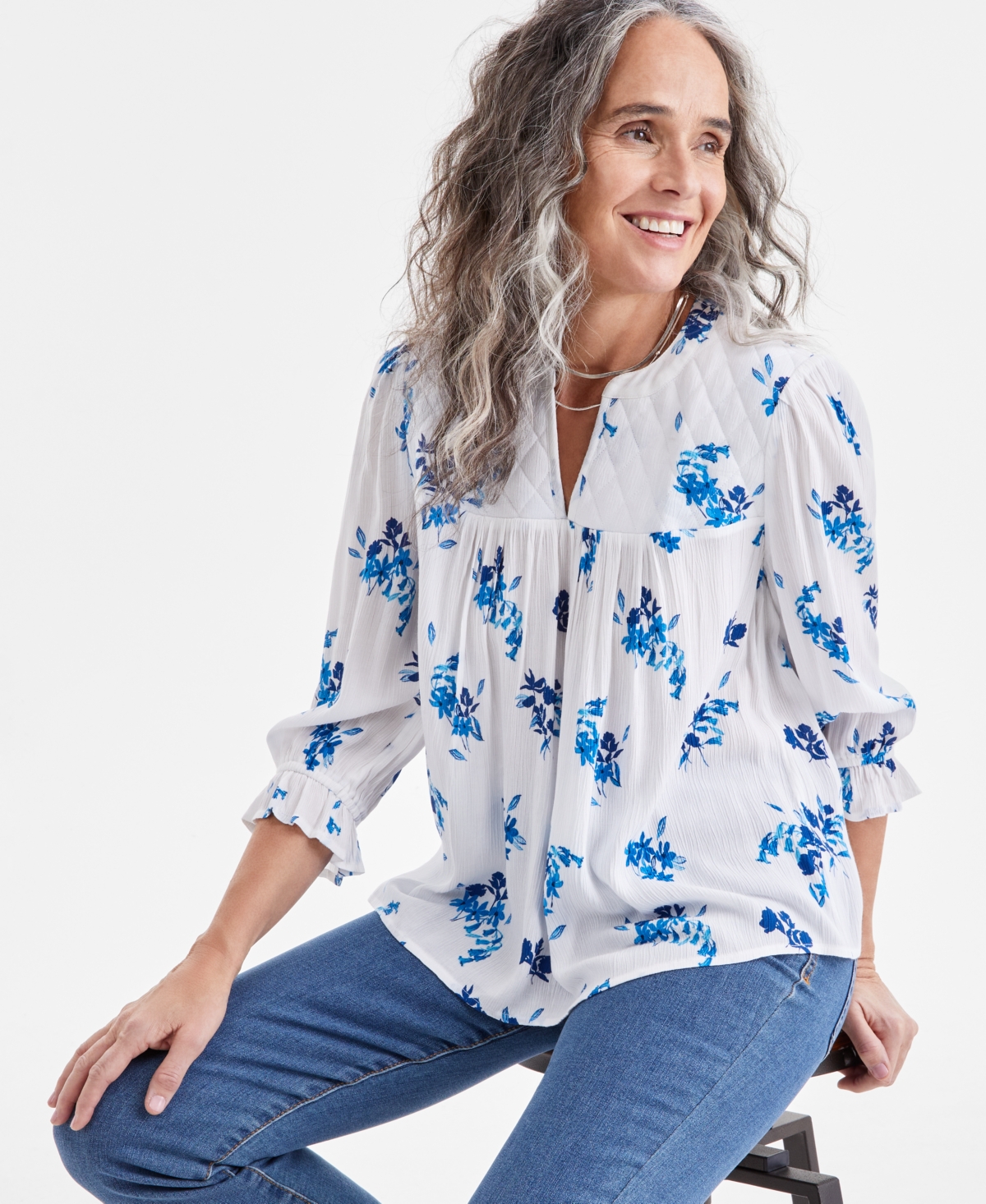 Women's Printed Quilted Split-Neck Blouse, Exclusively at Macy's - Millie Bright White