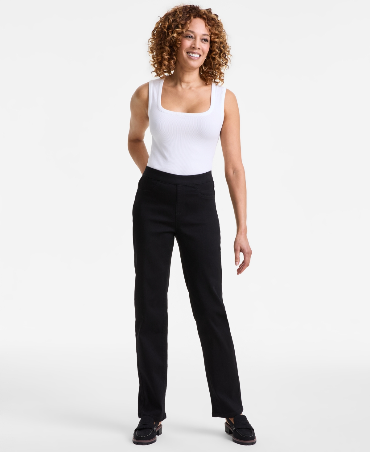 Petite Mid-Rise Pull-On Straight-Leg Jeans, Exclusively at Macy's - Deep Black
