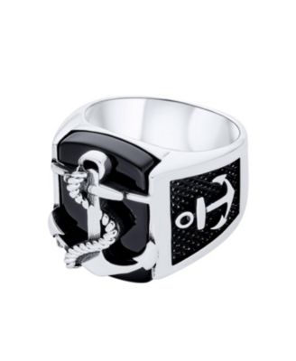 Big Natural Black Onyx Rope Anchor Signet Ring .925 Sterling Silver