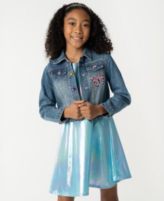 Big Girls Liquid Metallic Dress with Denim Jacket, 2- Piece Set