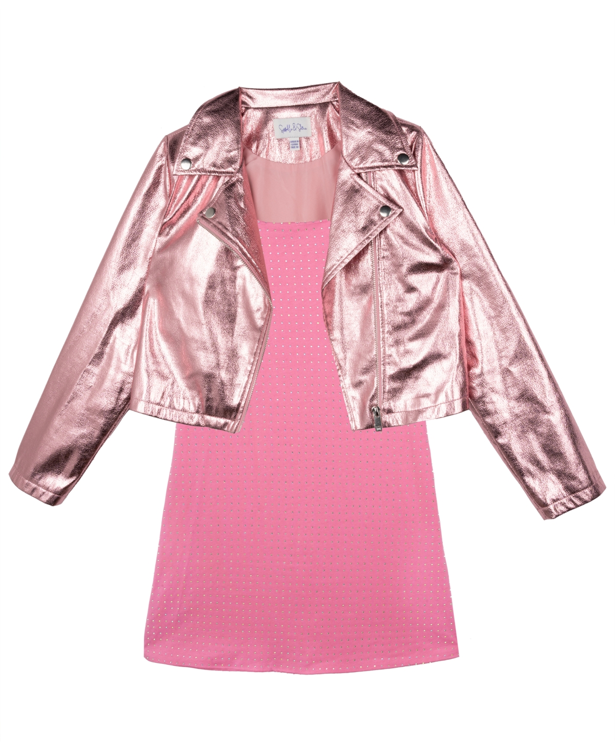 Sparkle & Shine Big Girls Crystal Dress with Metallic Moto Jacket, 2- Piece Set