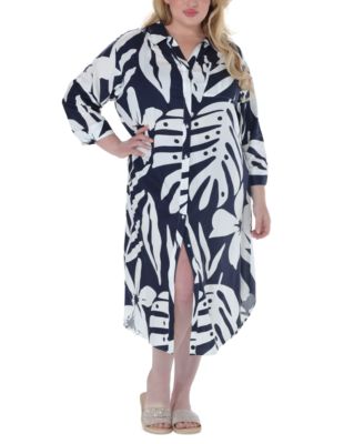 Plus Size Printed Button-Down Midi Cover-Up Dress