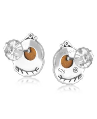Sterling Silver Tiger's Eye Gemstone Leaf Design Button Earrings