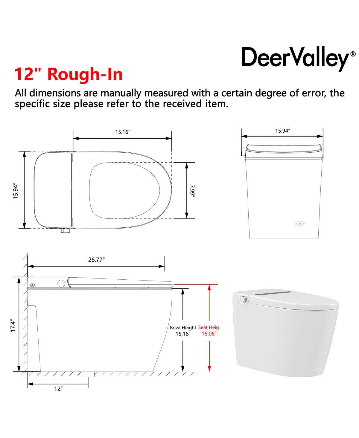 DeerValley Smart Toilet Elongated Modren Bidet Toilet with Auto/Blackout Flush, Heated Seat, Warm Wash, Dryer