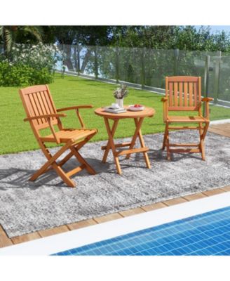 Patio Wood Folding Chair Set of 2 with Armrests and Slatted Seat