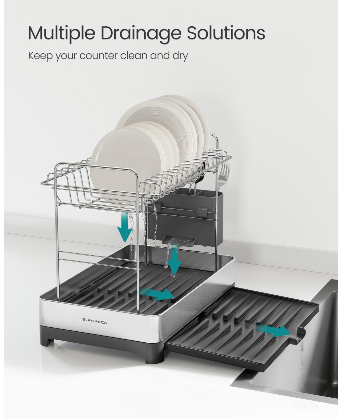 Slickblue Expandable Dish Drying Rack – Stainless Steel Dish Rack with Utensil Holder, Rustproof for Dishes, Knives, Spoons, Forks