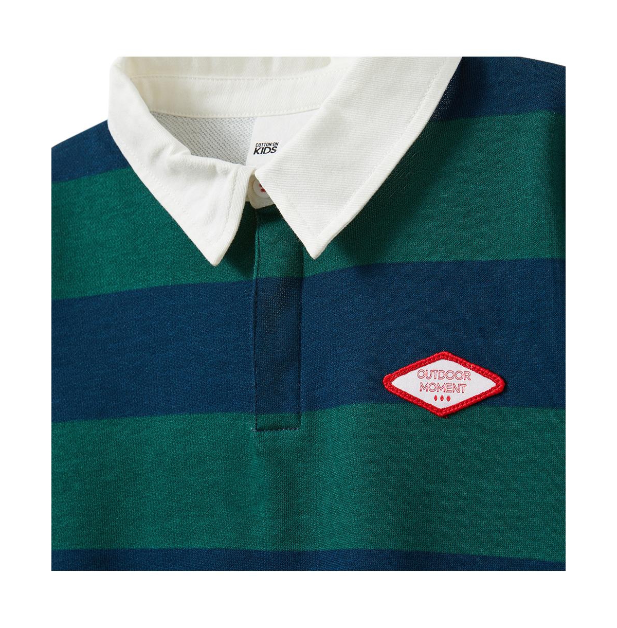 Cotton On Boys Little/Big Rugby Polo Fleece Top -pine tree bold stripe