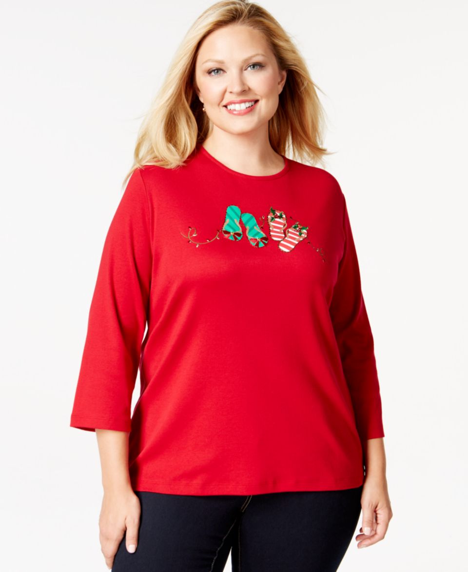 Karen Scott Plus Size Holiday Flip Flop Graphic Top, Only at