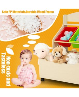 Kids Wooden Toy Storage Unit Organizer w/Rolling Toy Box &amp; Plastic Bins