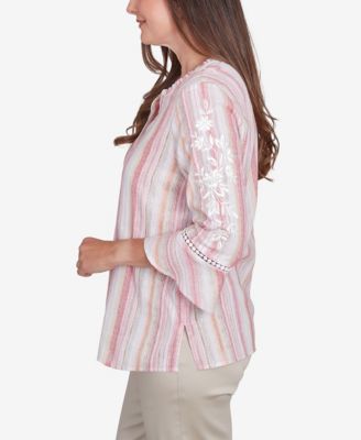 Women's Coming Up Roses Striped Button Down Embroidered Sleeve Top