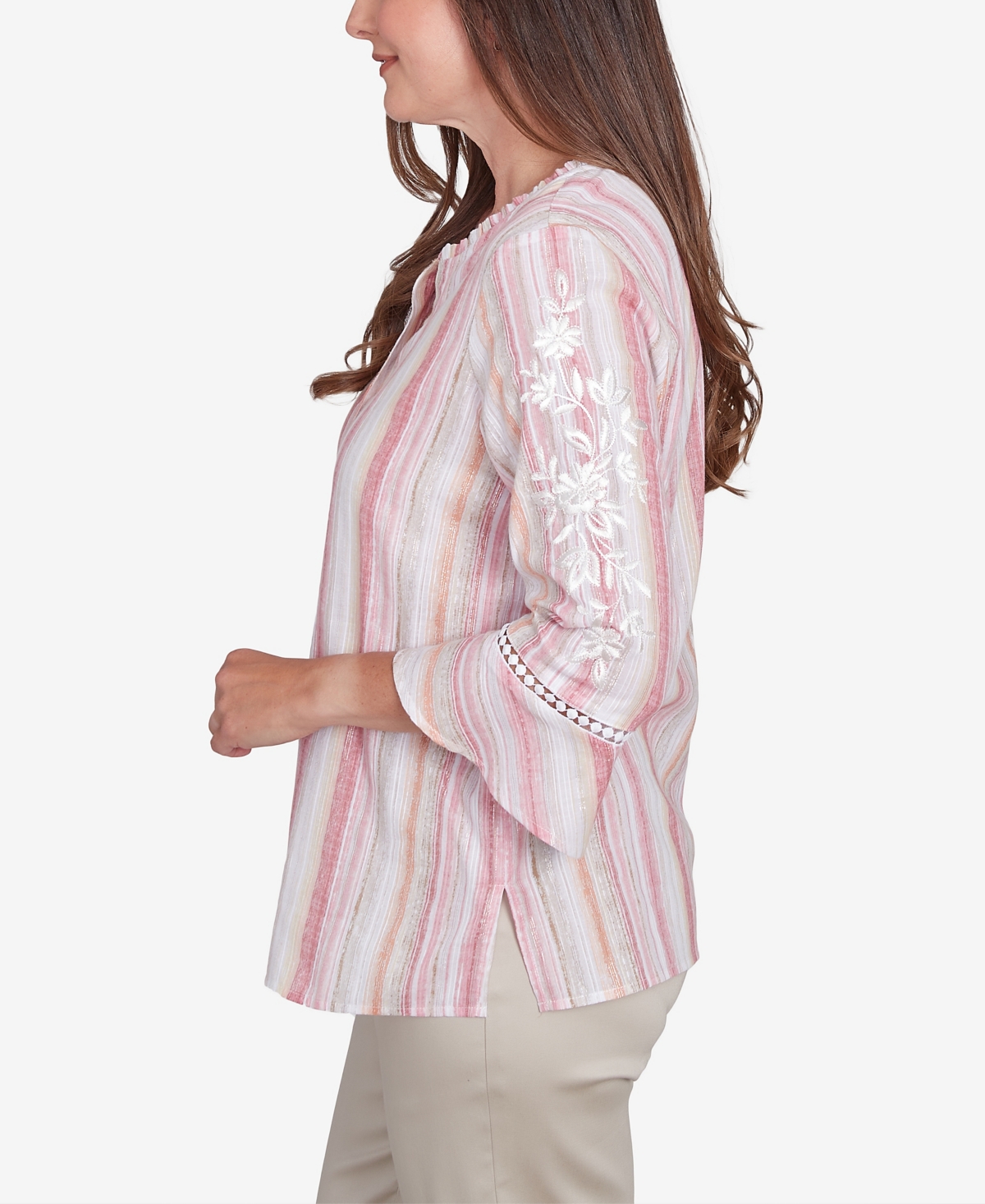 Alfred Dunner Petite Button Down Embroidered Sleeve Top In Multi Pink