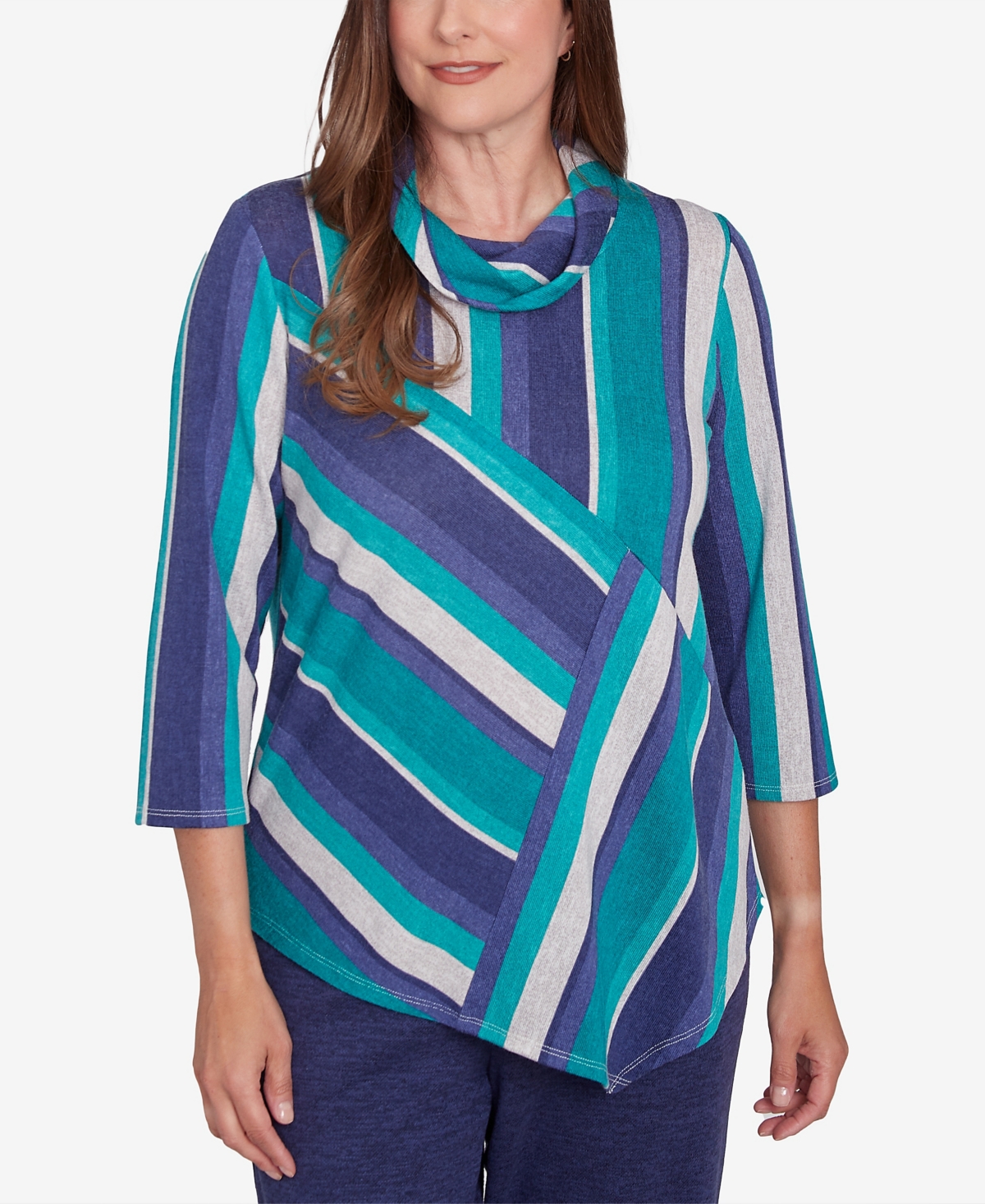Alfred Dunner Petite French Quarter Spliced Stripe Cowl Neck Top In Multi Green