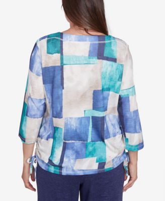 Women's French Quarter Blue Tone Box Print Ruched Top