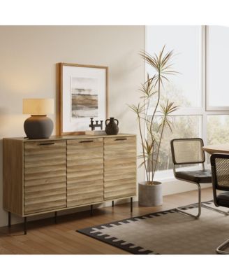 Mid-Century Modern Wave 3-Door 55.1-Inch Wide Kitchen Sideboard Cabinet with Metal Legs