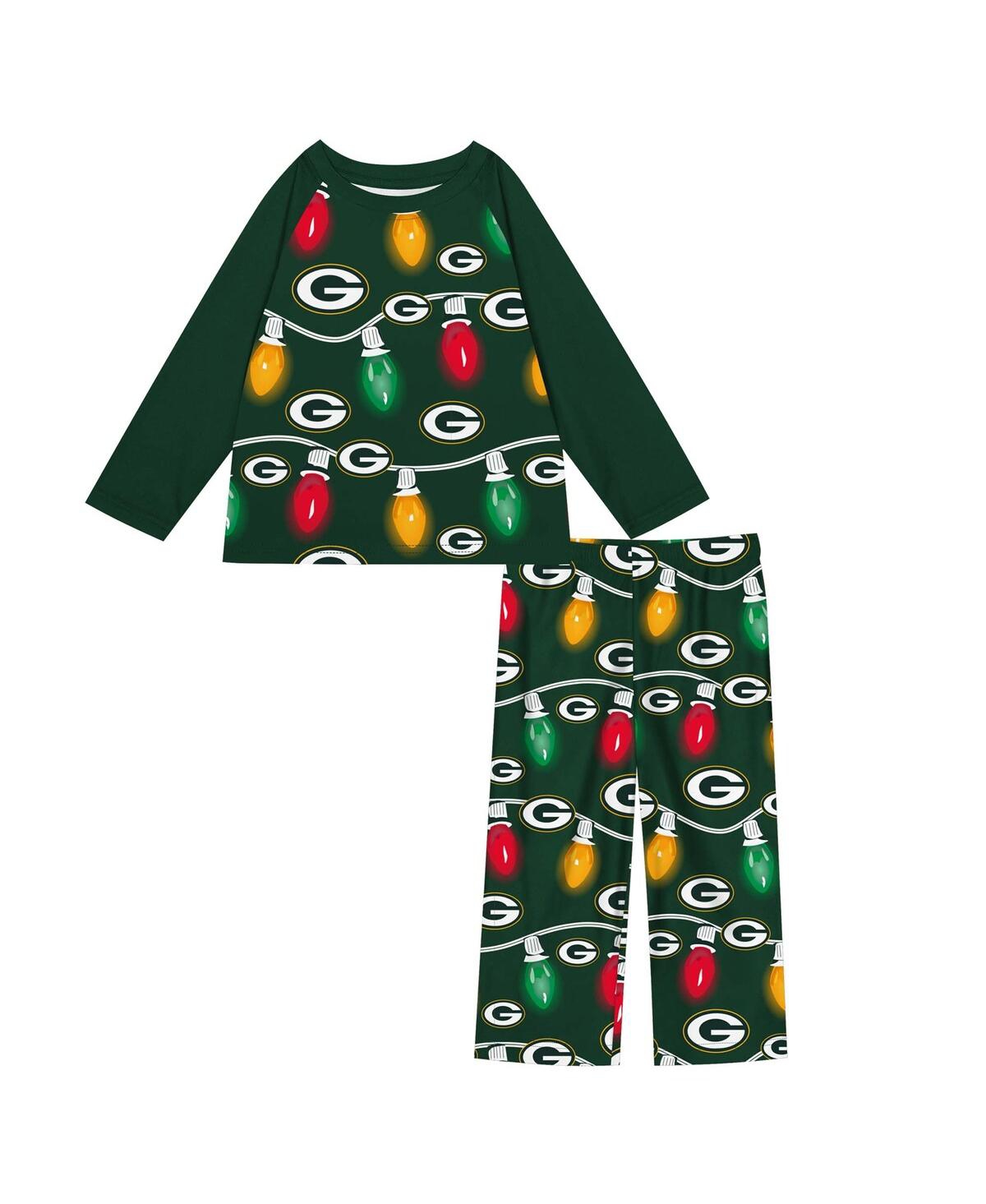 Outerstuff Preschool Green Bay Packers Two-piece Garland Holiday Long Sleeve Pajama Set In Green