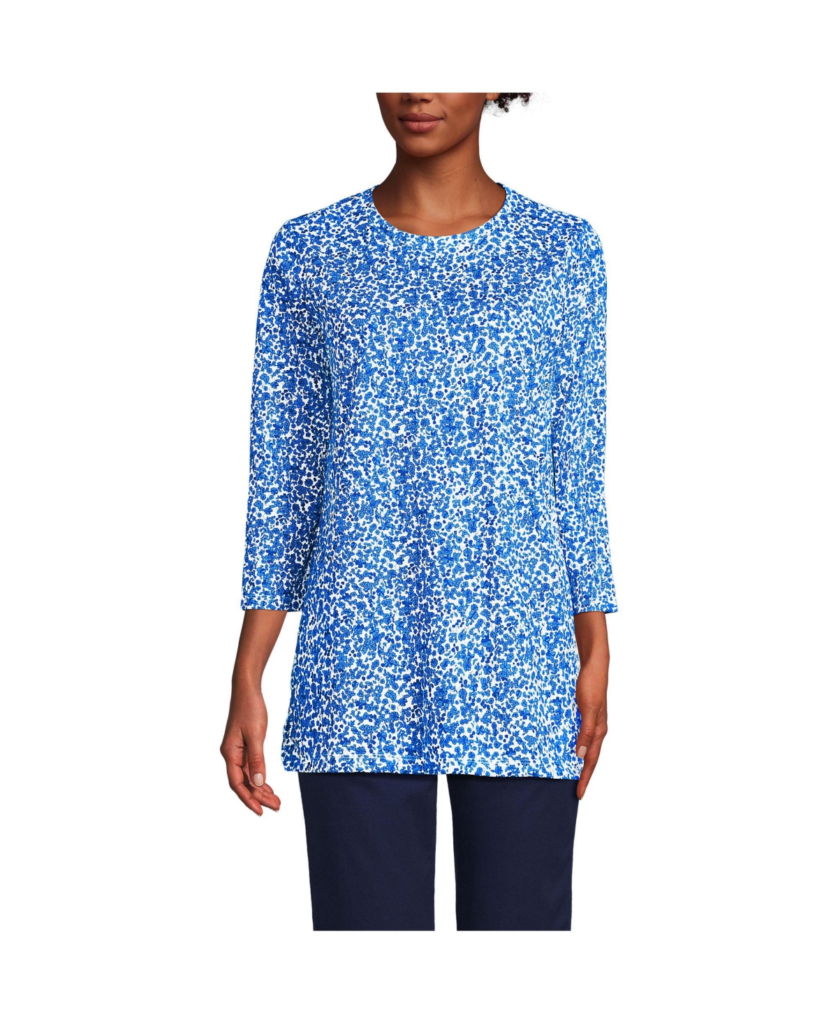 Lands' End Women's 3/4 Sleeve Cotton Supima Tunic -vista blue flowers