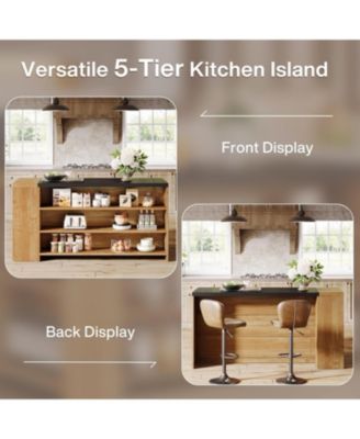 55" Kitchen Island with Storage, Farmhouse 5-Tier Stationary Island Table with 5 Shelves, Wood Coffee Bar Table Storage Cabinet with Large Countertop for Kitchen