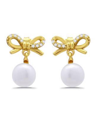 Freshwater Cultured Pearl Cubic Zirconia Bow Post Earrings