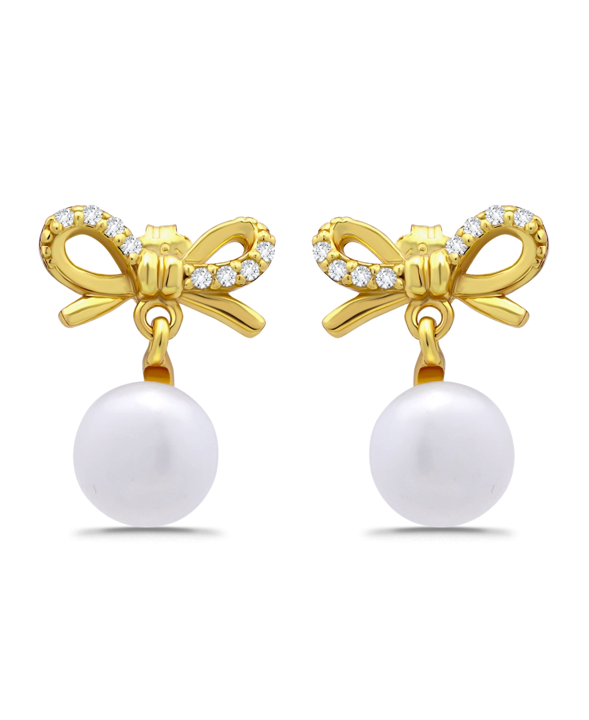 Macy's Freshwater Cultured Pearl Cubic Zirconia Bow Post Earrings In Gold