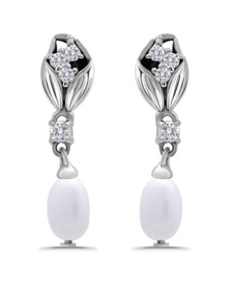 Macy Oval Freshwater Cultured Pearl Drop Cubic Zirconia Tulip Design Post Earrings