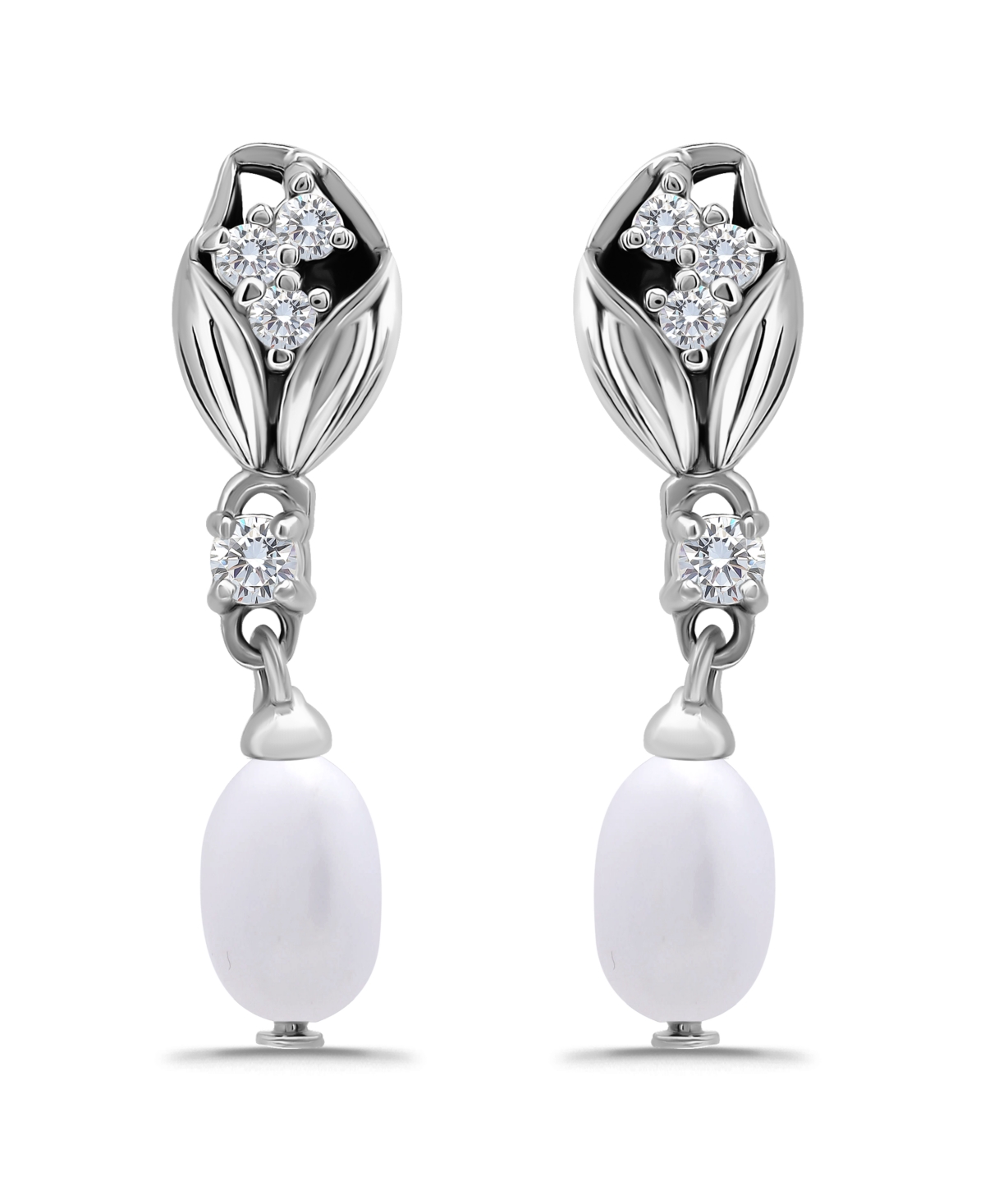Macy's Macy Oval Freshwater Cultured Pearl Drop Cubic Zirconia Tulip Design Post Earrings In Silver