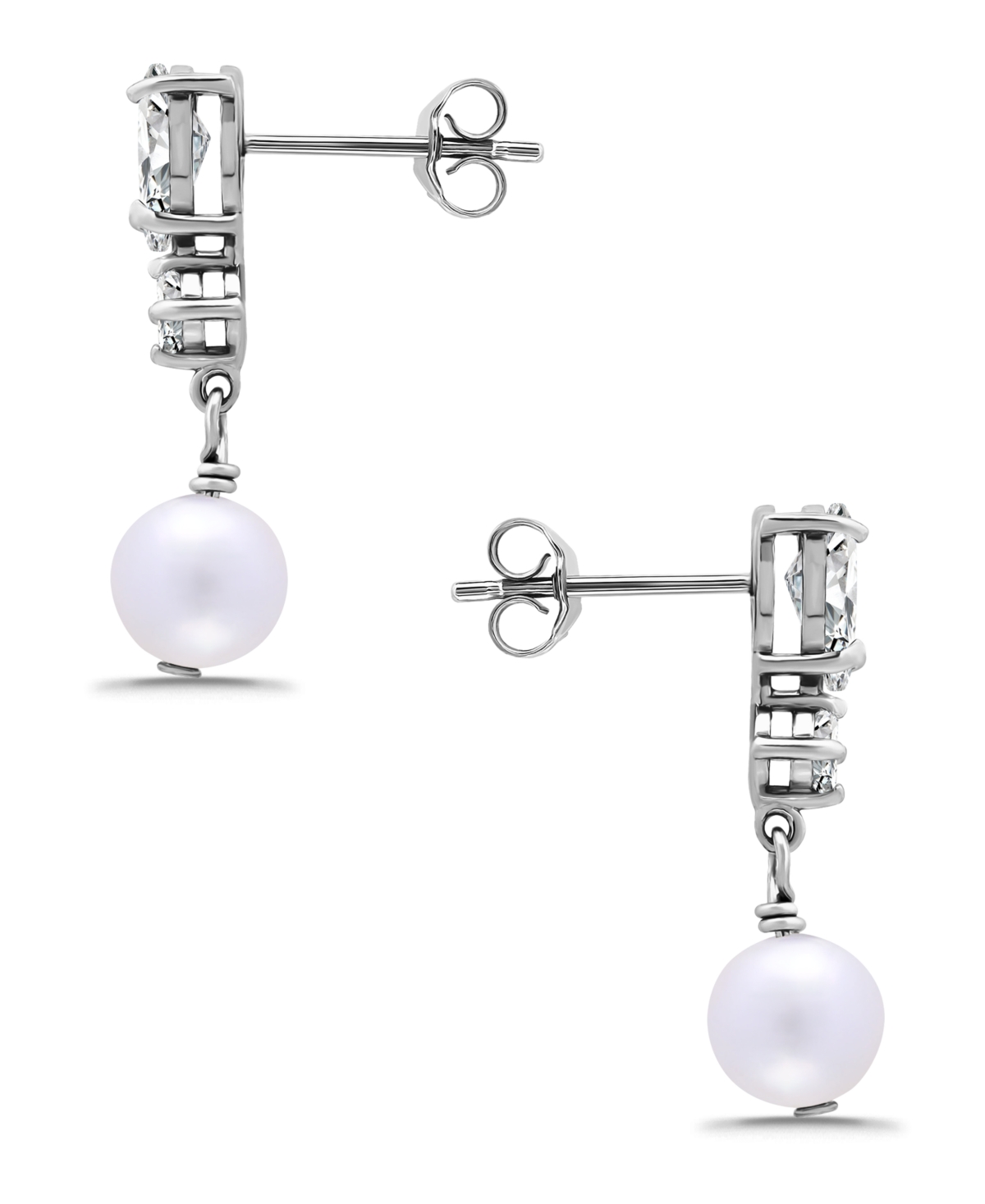 Macy's Freshwater Cultured Pearl Drop Cubic Zirconia Post Earrings In Silver