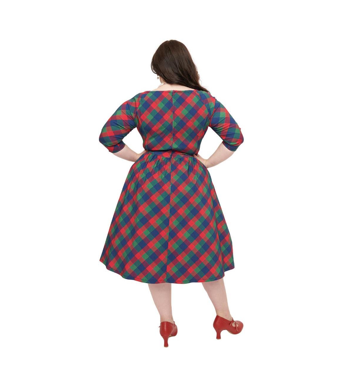 Unique Vintage Plus Size Sweetheart Three Quarter Sleeve Swing Dress - Green  red plaid